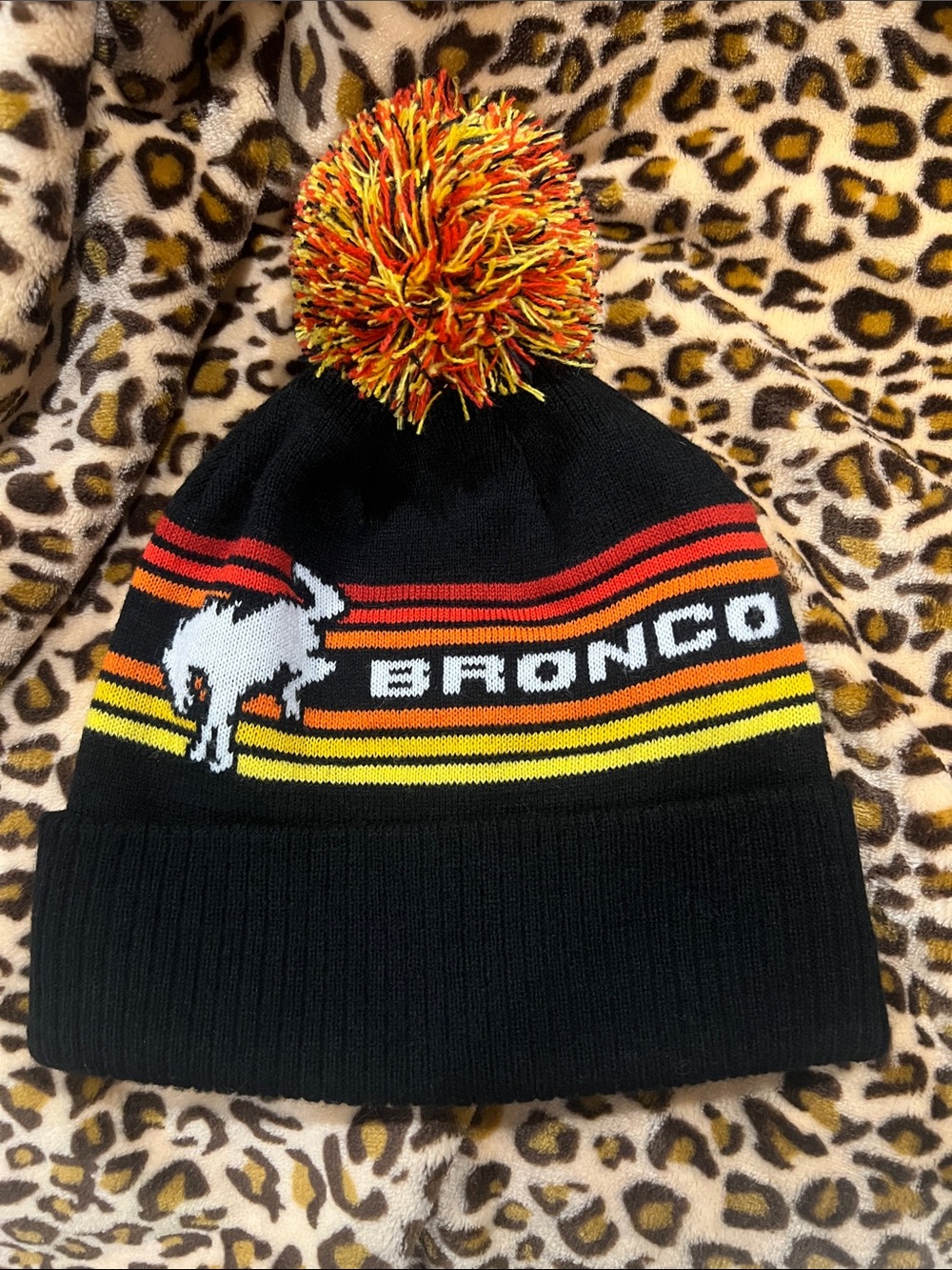 Ford Black Beanie with Red, Orange & Yellow Stripes and Pom